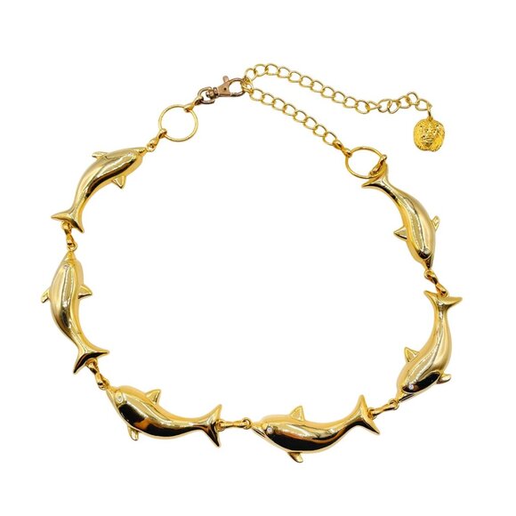 90's Anne Klein Vintage Dolphin With Rhinestones Gold Tone Chain Belt - Picture 1 of 4